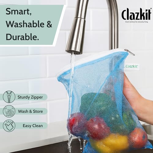 Clazkit Set Of 12 Reusable Fridge Storage Bags For Vegetables and Fruits Dual Layer Mesh Net Multipurpose Multi-Size Kitchen Storage Bags Organizer with Sturdy Zipper - Image 4