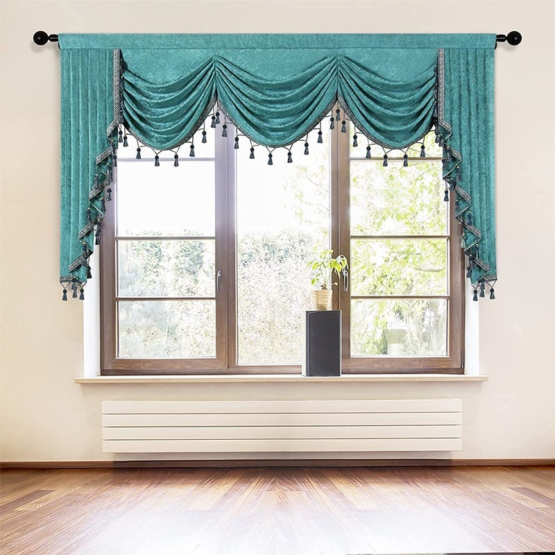 ELKCA ELKCA Thick Chenille Window Curtains Valance for Living Room Turquoise Waterfall Valance for Bedroom 1 Panel (Turquoise  W89)  - Image 1