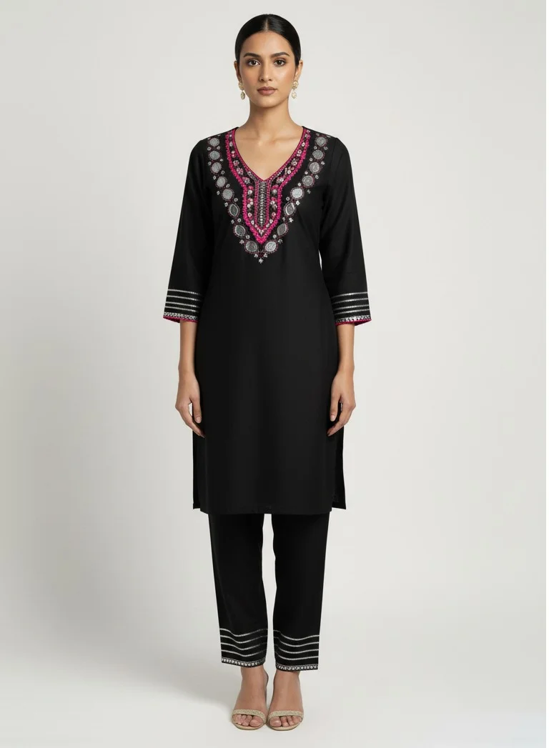 Lehar Black Mirror-Embroidered Silk Kurta Set with Hot Pink Detailing