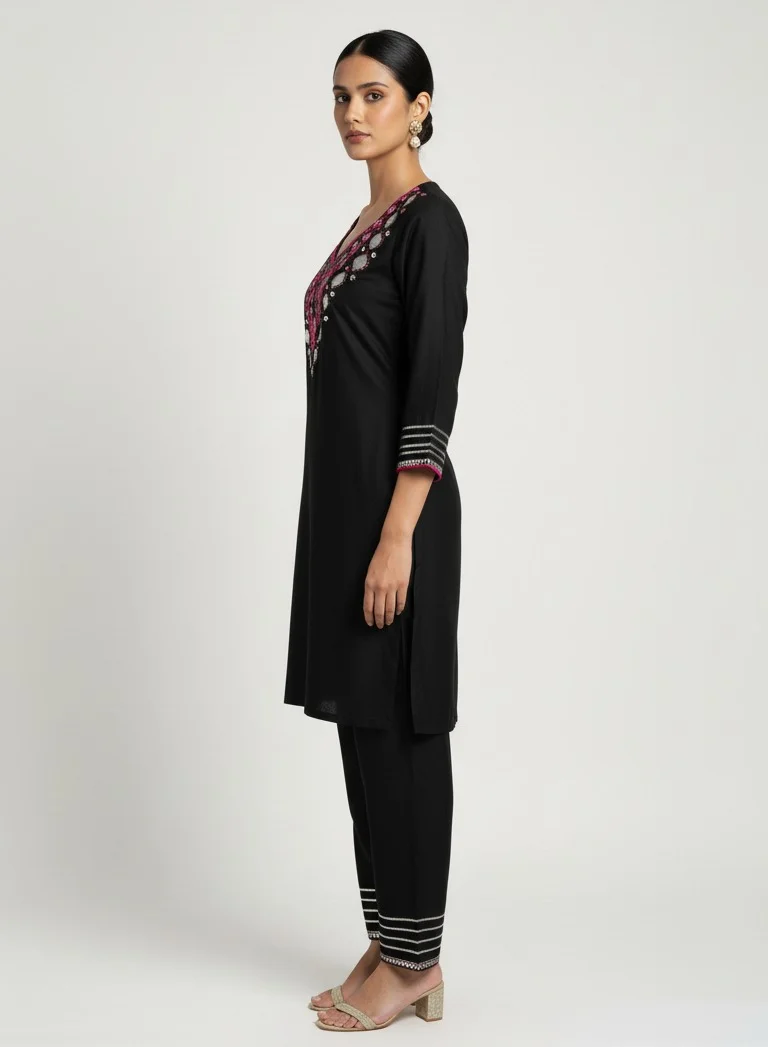 Lehar Black Mirror-Embroidered Silk Kurta Set with Hot Pink Detailing
