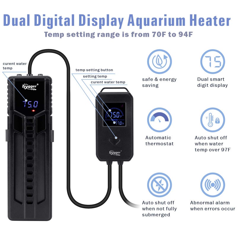 hygger 500W Metal Steel Aquarium Heater for Fresh Water, Digital Submersible Heater with Built-in Thermometer, External LCD Display Thermostat Controller, for Fish Tank 60-120 Gallon - Image 2