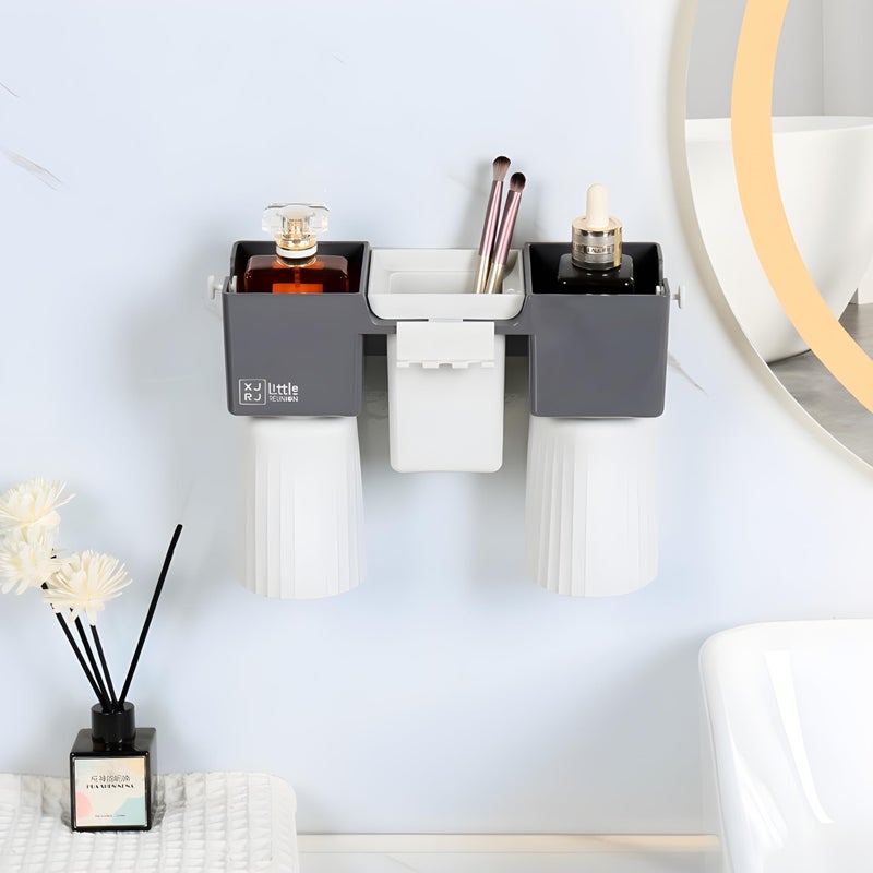 Jinila Self Adhesive Bathroom Shelf for Wall Washbasin Bathroom Organizer with 2 Gargle Cup and Hanging Toothbrush Holder (Pack of 1, Gray and Cream) - Image 3