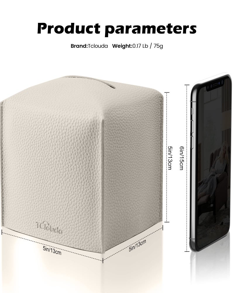 Tclouda Tissue Box Cover for PU Leather, Modern Simple Solid Color Holder Square Tissue Bag, Ideal for Bathrooms,Office,Car,Outdoor Tent,Dining Table,5"X5"X5", Double Off-White - Image 2