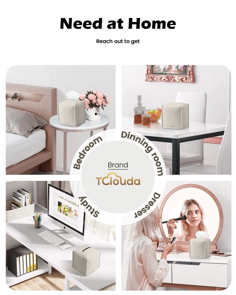 Tclouda Tissue Box Cover for PU Leather, Modern Simple Solid Color Holder Square Tissue Bag, Ideal for Bathrooms,Office,Car,Outdoor Tent,Dining Table,5"X5"X5", Double Off-White - Image 4