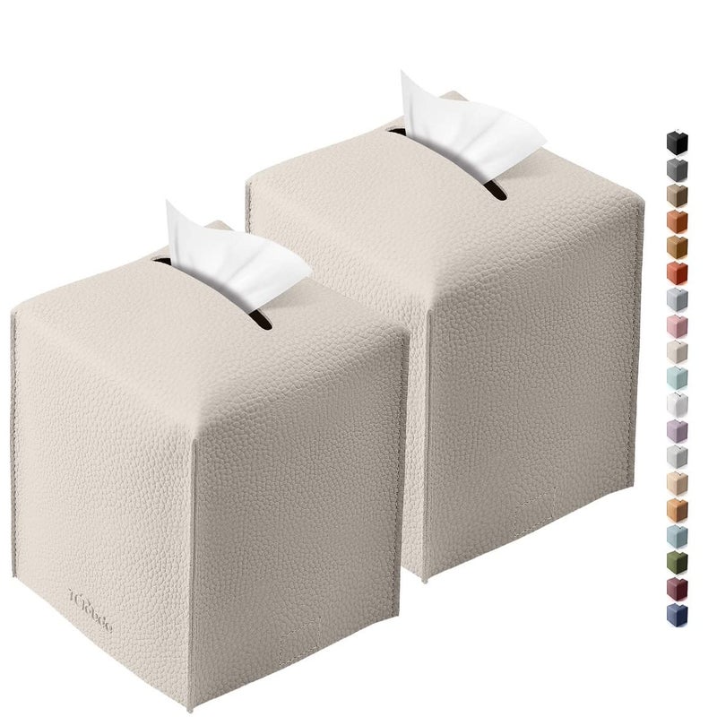 Tclouda Tissue Box Cover for PU Leather, Modern Simple Solid Color Holder Square Tissue Bag, Ideal for Bathrooms,Office,Car,Outdoor Tent,Dining Table,5"X5"X5", Double Off-White - Image 1