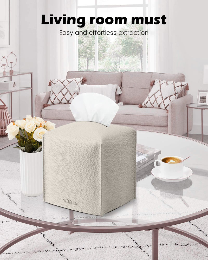 Tclouda Tissue Box Cover for PU Leather, Modern Simple Solid Color Holder Square Tissue Bag, Ideal for Bathrooms,Office,Car,Outdoor Tent,Dining Table,5"X5"X5", Double Off-White - Image 3