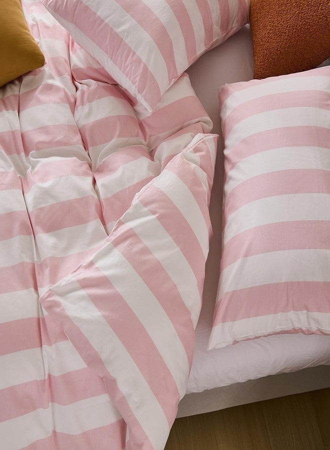 Merryword طقم غطاء لحاف مخطط باللونين الوردي والأبيض من ميري وورد، مقاس كينج، مصنوع من القطن الخالص 100%، مزود بسحاب إغلاق و8 أربطة في الزوايا، غطاء فاخر يشبه الكتان، غطاء لحاف ناعم يسمح بمرور الهواء مناسب لجميع الفصول - Image 3