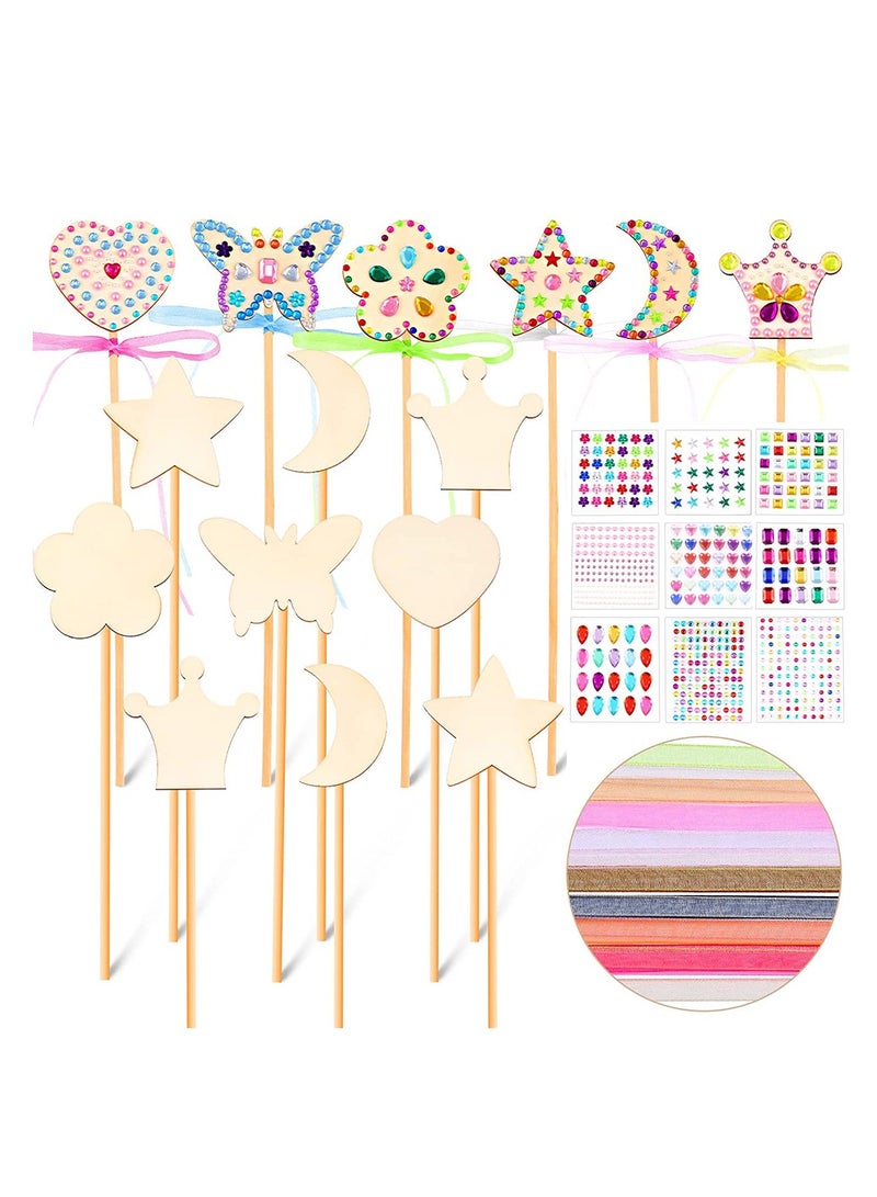 DIY Princess Fairy Wand Kit - 28PCS Wooden Wands, Gem Stickers & Ribbons for Kids Crafting Magical Wands - Image 1