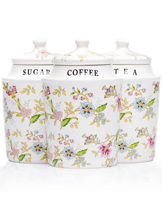 25DOL Small Coffee Tea Sugar Canister Set with Airtight Lids - Elegant Flower Kitchen Canisters Set of 3 Pantry Jars Containers - Decorative Ceramic Canister Set for Countertop or Coffee Bar - 13.5 Ounce - Image 1