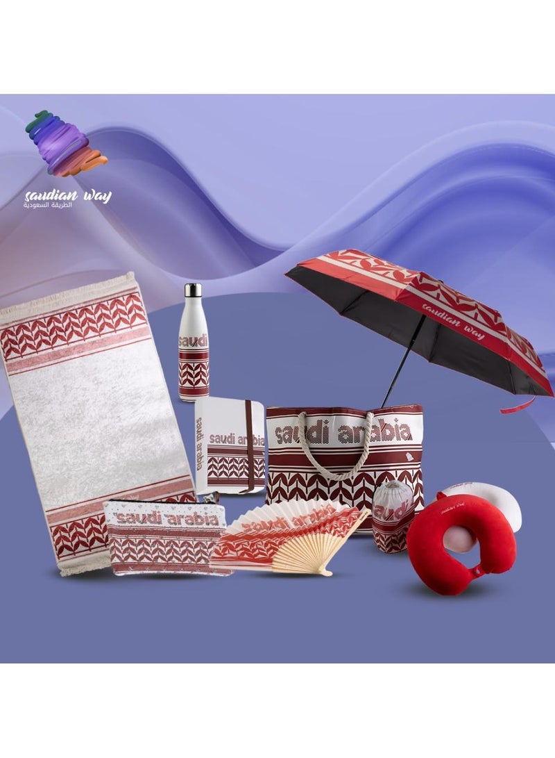 Shemaq Super Gift Box Including Umbrella, Tote Bag, Flask, Coin Wallet, Sajjadah with Case, Travel Pillow, and Notebook 