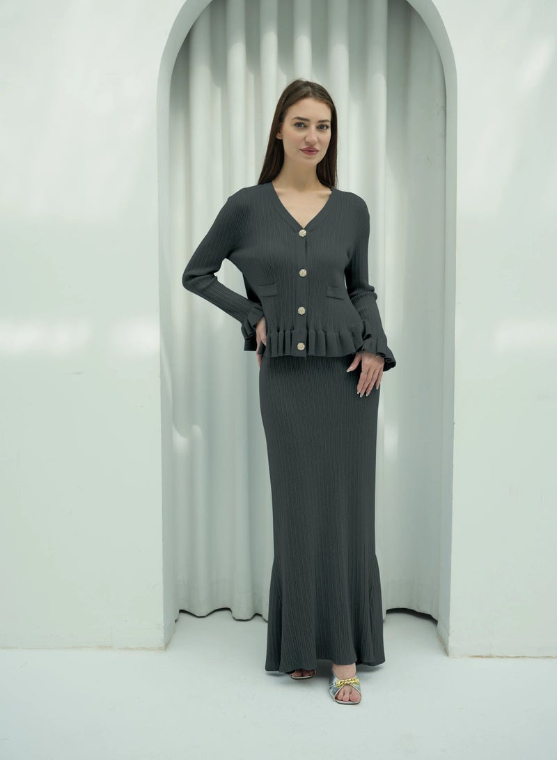 2332 | Elegant Ribbed Cotton Knit Two-Piece Set with Button-Front Peplum Top and Flared Maxi Skirt | Dark Grey