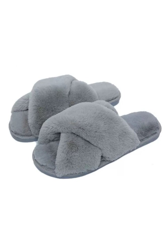 Womens Cross Band Slippers Cozy Furry Fuzzy House Slippers Open Toe Fluffy Indoor Shoes Outdoor Slip on Warm Breathable Anti-skid Sole - Image 1