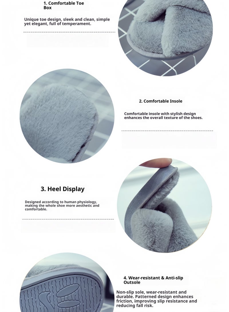 Womens Cross Band Slippers Cozy Furry Fuzzy House Slippers Open Toe Fluffy Indoor Shoes Outdoor Slip on Warm Breathable Anti-skid Sole - Image 2