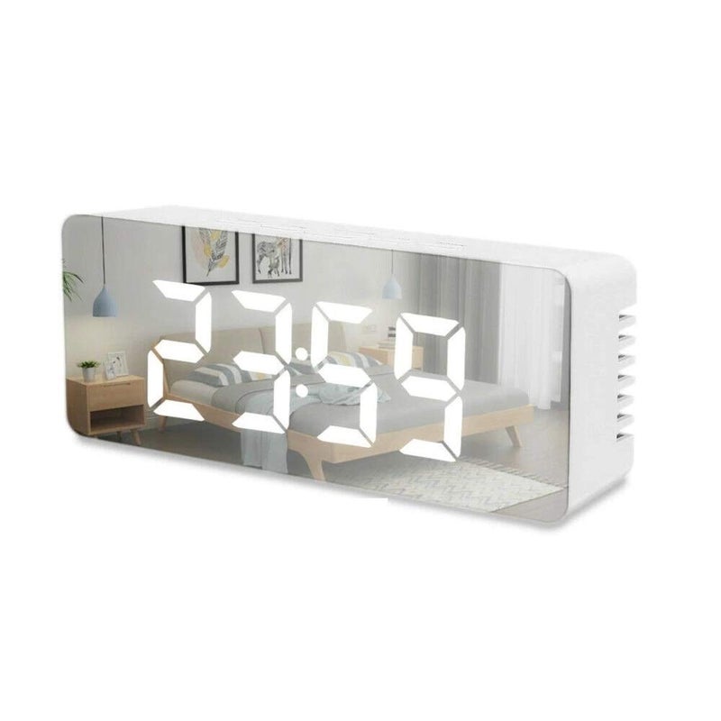 Niyam LED Digital Plastic Mirror Alarm Clock Battery Powered USB Powered White - Image 1