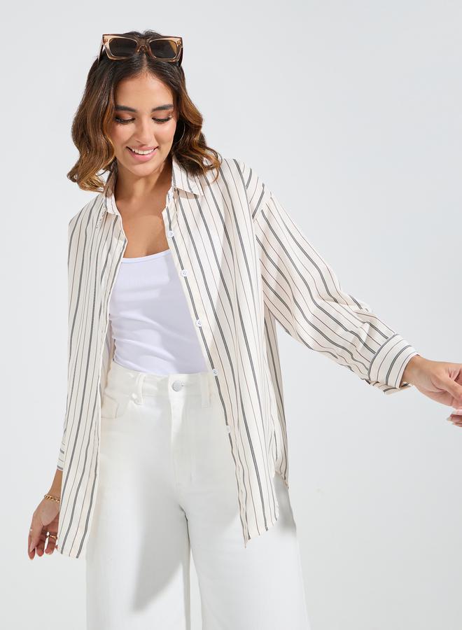 تايك تو بلوزة فضفاضة مخططة بازرار غلق - Image 1