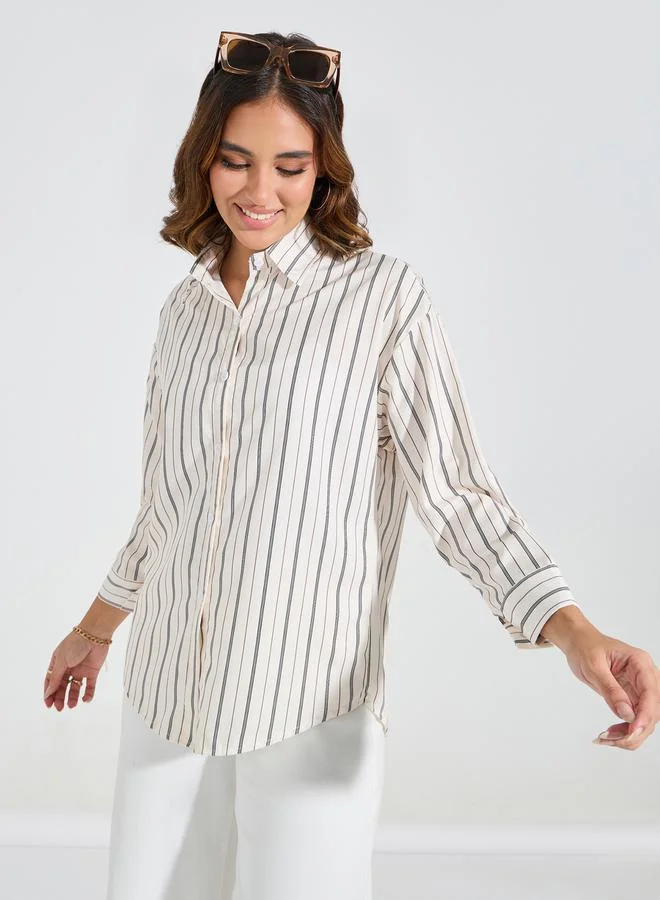 تايك تو بلوزة فضفاضة مخططة بازرار غلق