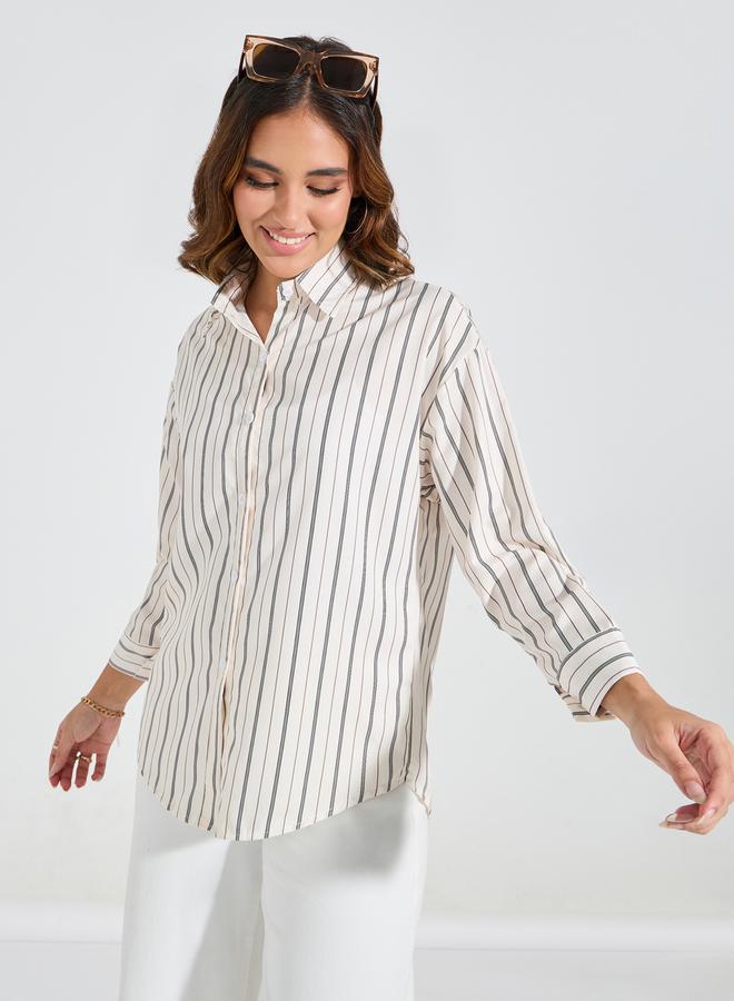 تايك تو بلوزة فضفاضة مخططة بازرار غلق - Image 4