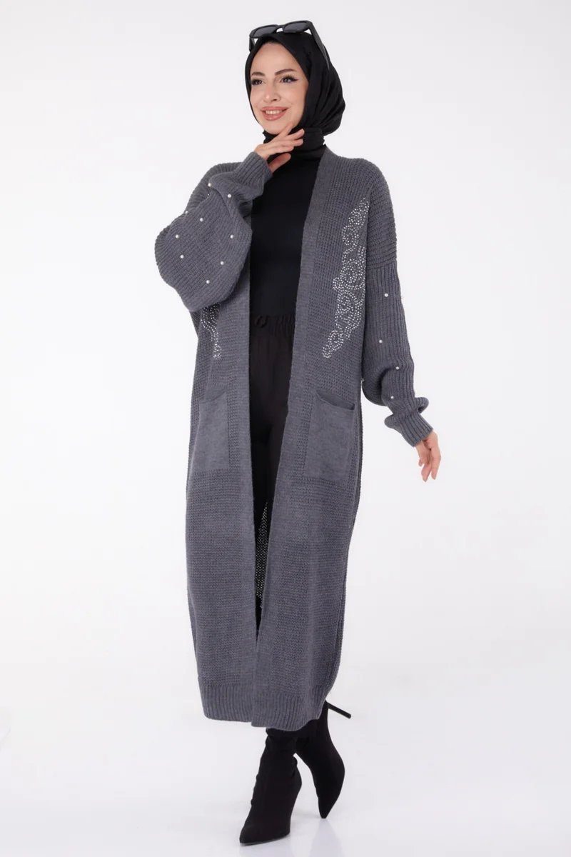 Tofisa Plain Medium Women's Smoke Pearl Knitted Cardigan - 26453