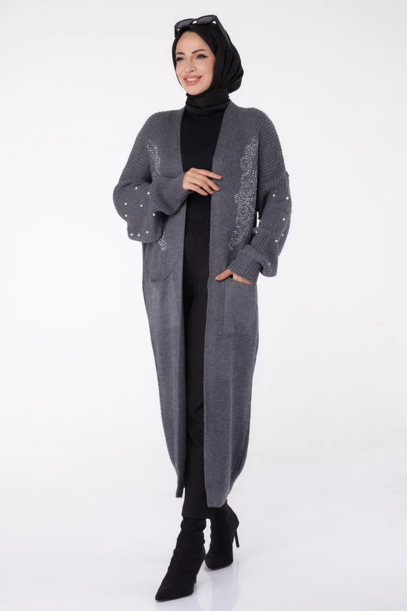 Tofisa Plain Medium Women's Smoke Pearl Knitted Cardigan - 26453