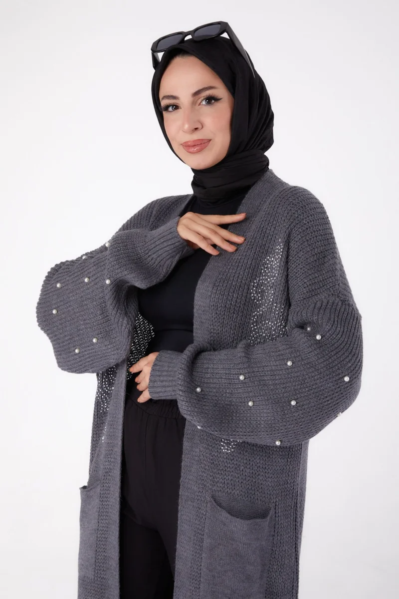 Tofisa Plain Medium Women's Smoke Pearl Knitted Cardigan - 26453