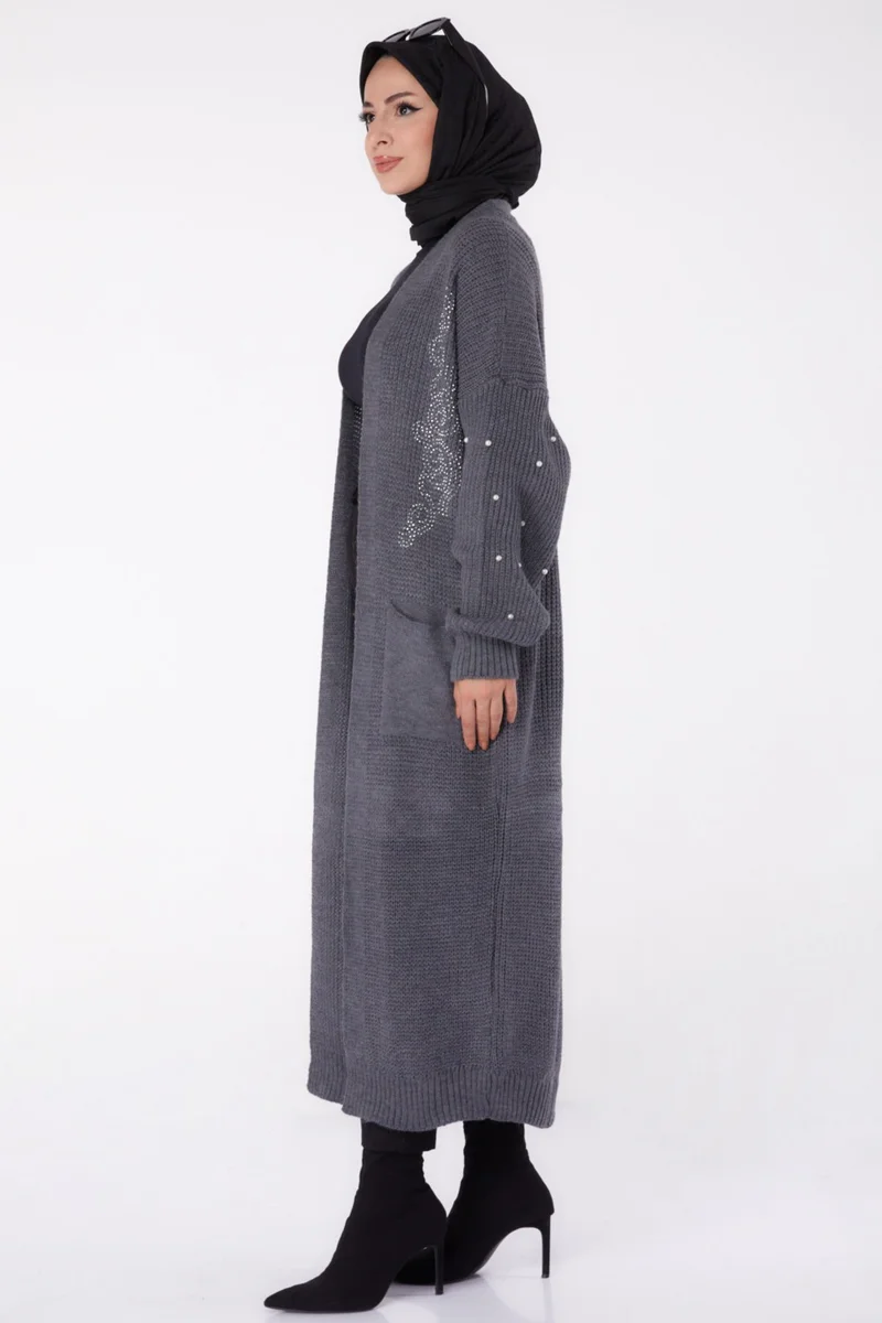 Tofisa Plain Medium Women's Smoke Pearl Knitted Cardigan - 26453