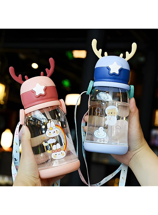 إيروريكس زجاجة مياه للأطفال في المدارس، زجاجات مانعة للتسرب مع قشة وملصقات كرتونية وحزام ملون، خالية من مادة BPA، تريتان، تفتح بنقرة واحدة، أخضر، وردي غامق - Image 2