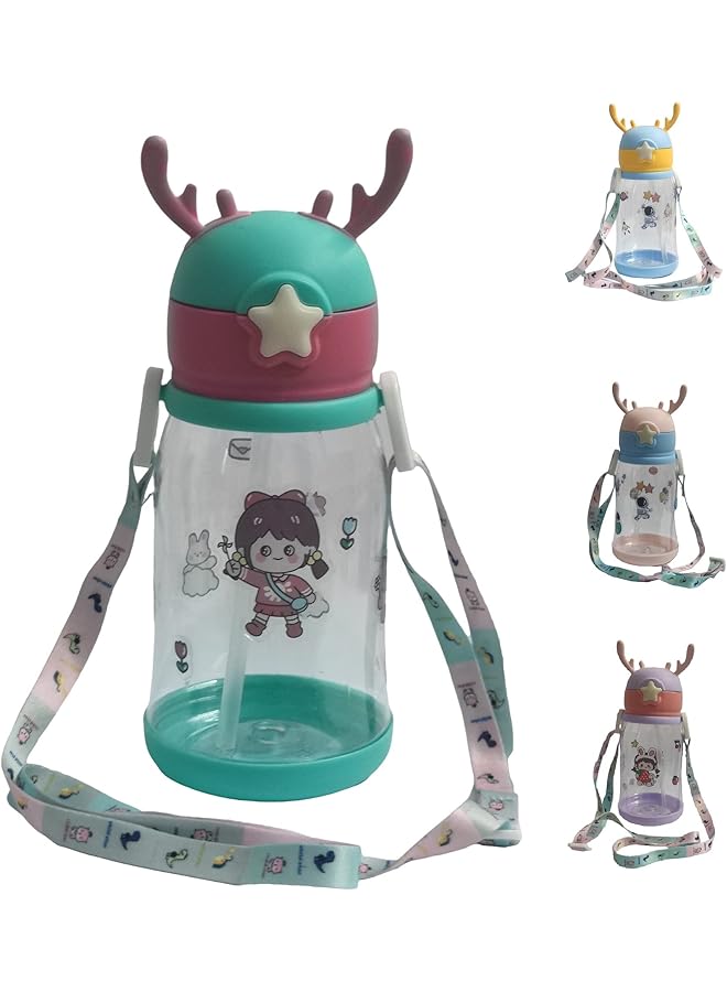 إيروريكس زجاجة مياه للأطفال في المدارس، زجاجات مانعة للتسرب مع قشة وملصقات كرتونية وحزام ملون، خالية من مادة BPA، تريتان، تفتح بنقرة واحدة، أخضر، وردي غامق - Image 1