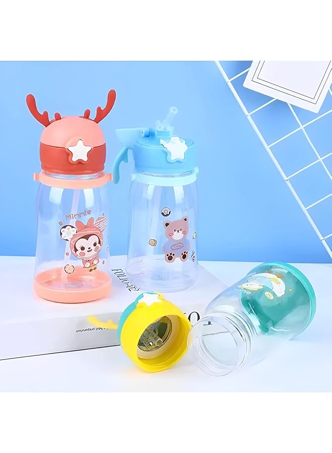 إيروريكس زجاجة مياه للأطفال في المدارس، زجاجات مانعة للتسرب مع قشة وملصقات كرتونية وحزام ملون، خالية من مادة BPA، تريتان، تفتح بنقرة واحدة، أخضر، وردي غامق - Image 4