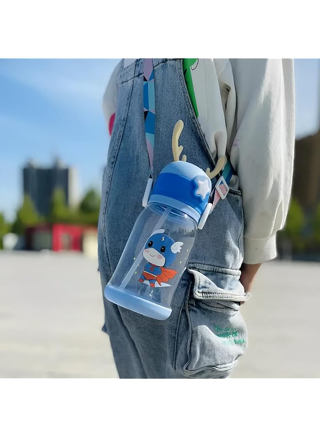 إيروريكس زجاجة مياه للأطفال في المدارس، زجاجات مانعة للتسرب مع قشة وملصقات كرتونية وحزام ملون، خالية من مادة BPA، تريتان، تفتح بنقرة واحدة، أخضر، وردي غامق - Image 5