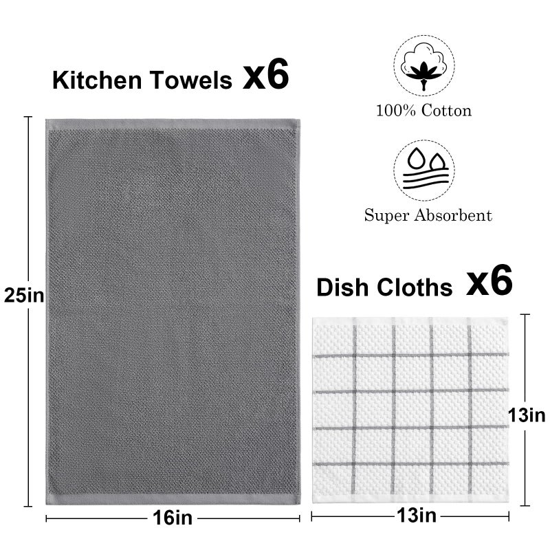 QAJ 12 Pack Kitchen Towels and Dishcloths Set, 100% Cotton Soft and Absorbent Kitchen Towels 16 x 25 inche & 13 x 13inche Dishcloths - Image 2