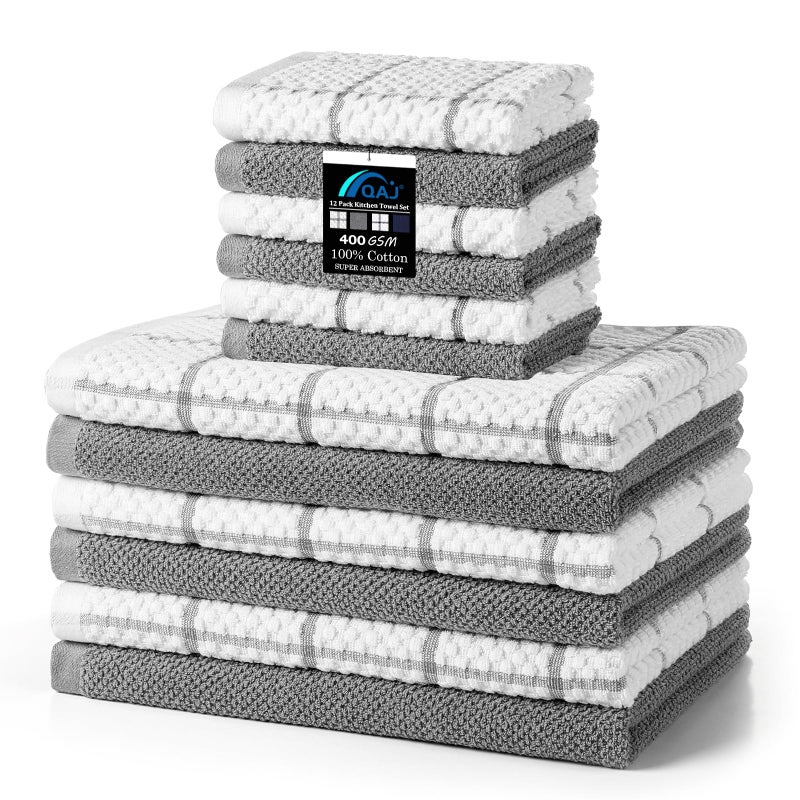 QAJ 12 Pack Kitchen Towels and Dishcloths Set, 100% Cotton Soft and Absorbent Kitchen Towels 16 x 25 inche & 13 x 13inche Dishcloths - Image 1