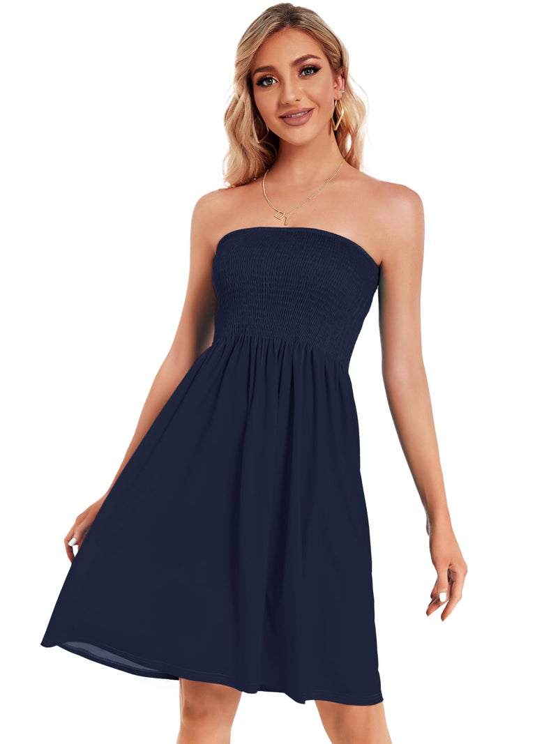 CHICGAL Strapless Dresses for Women Summer Beach Sundress Bandeau Cover Ups Clothing (Solid Navy Blue1,M) - Image 3