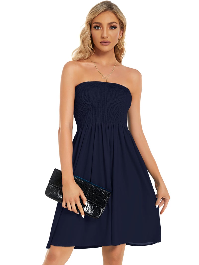 CHICGAL Strapless Dresses for Women Summer Beach Sundress Bandeau Cover Ups Clothing (Solid Navy Blue1,M) - Image 2