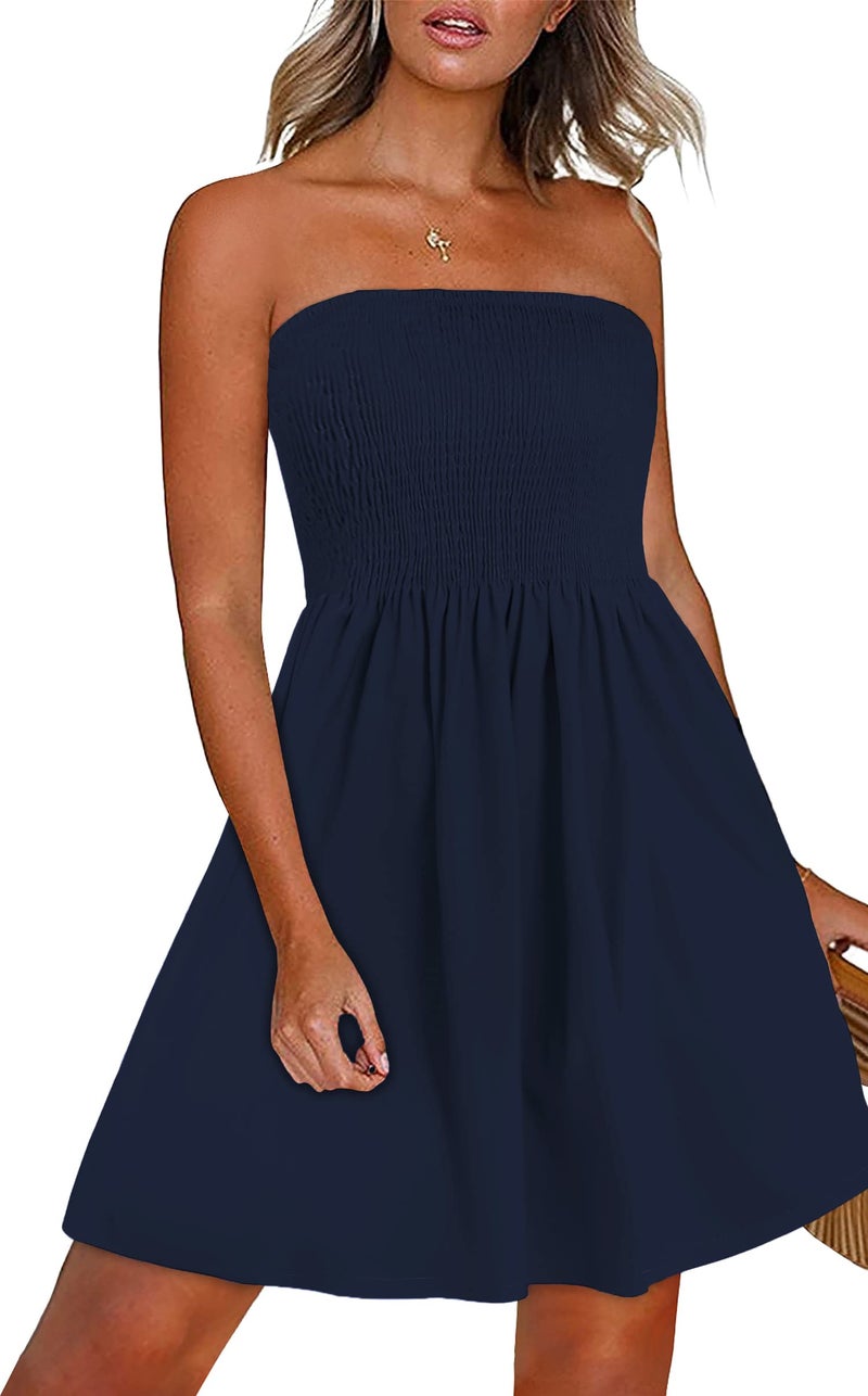 CHICGAL Strapless Dresses for Women Summer Beach Sundress Bandeau Cover Ups Clothing (Solid Navy Blue1,M) - Image 1