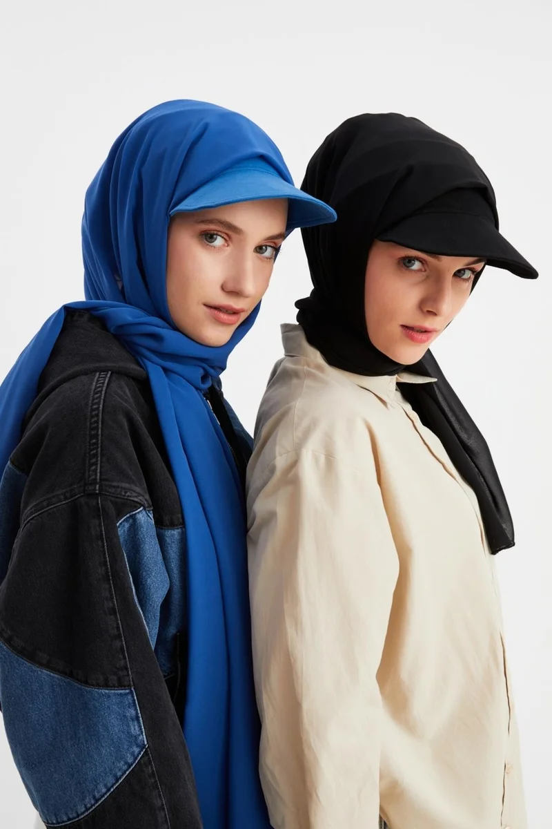 بوتيكجيز Black and Midnight Blue Women's Hijab Multi Chiffon Silky Shawl and Cotton Combed Half Visor Hat Pair Black and Blue Set
