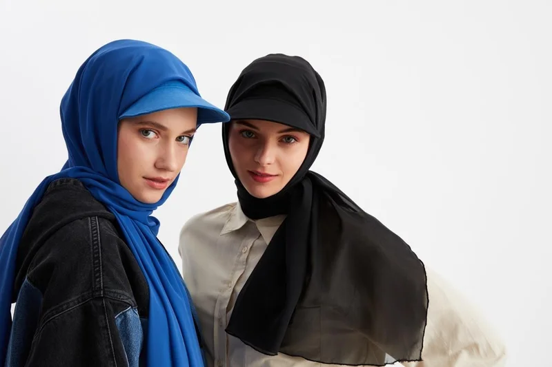 بوتيكجيز Black and Midnight Blue Women's Hijab Multi Chiffon Silky Shawl and Cotton Combed Half Visor Hat Pair Black and Blue Set
