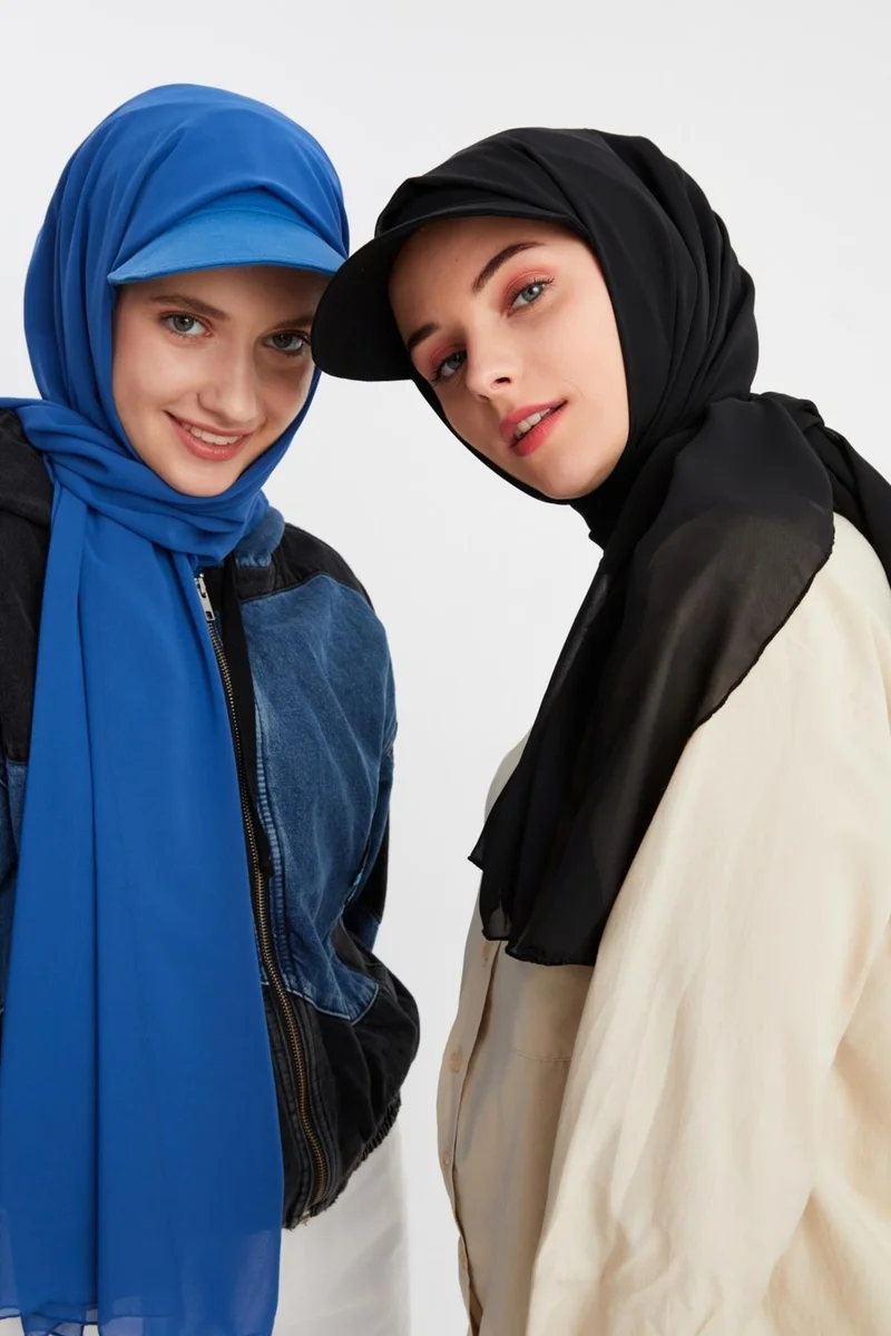 بوتيكجيز Black and Midnight Blue Women's Hijab Multi Chiffon Silky Shawl and Cotton Combed Half Visor Hat Pair Black and Blue Set