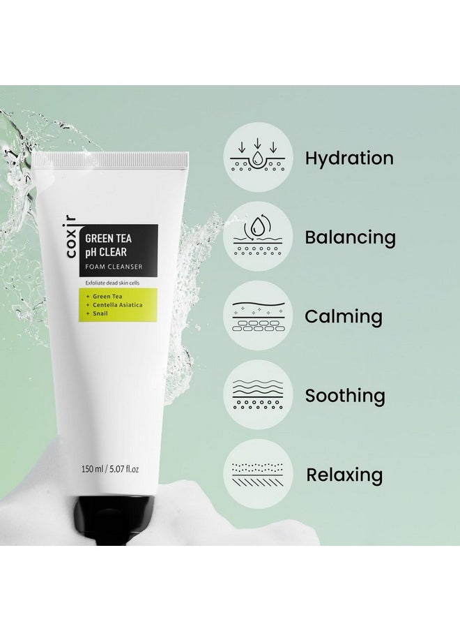 كوكسير Greentea Ph Clear Foam Cleanser منظف رغوي ناعم وكريمي ينظف المسام بعمق ويزيل خلايا الجلد الميتة على البشرة L Koran للعناية بالبشرة [150 مل / 5.07 أونصة سائلة.]  - Image 2