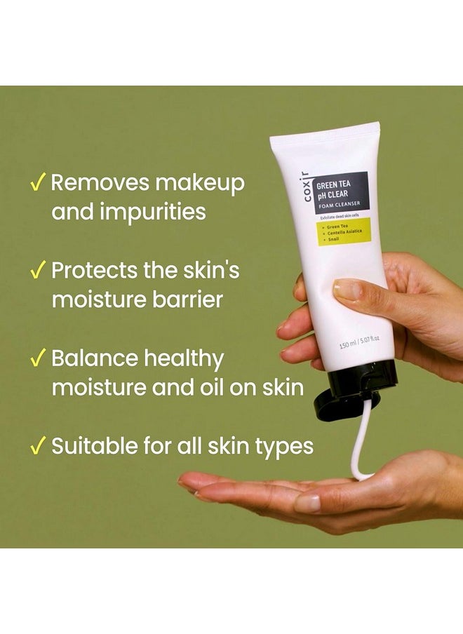 كوكسير Greentea Ph Clear Foam Cleanser منظف رغوي ناعم وكريمي ينظف المسام بعمق ويزيل خلايا الجلد الميتة على البشرة L Koran للعناية بالبشرة [150 مل / 5.07 أونصة سائلة.]  - Image 5