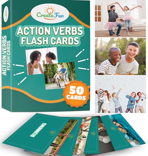 CreateFun 50 Action Verbs Flash Cards Vocabulary Builder for Speech Therapy ESL Homeschooling Realistic Diverse Pictures for Kids Adults with Autism Dementia Aphasia SLP Educational Learning Cards - Image 1