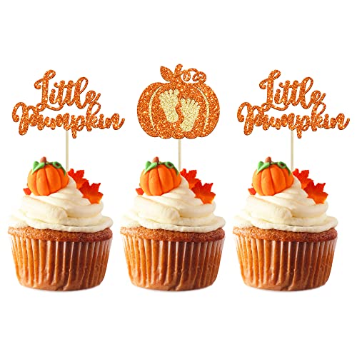 Ephlyn 24pc Little Pumpkin Cupcake Toppers - Glitter Pumpkin Cupcake Picks - Baby Shower Decorations - Fall Harvest Theme - Kids Birthday Party Supplies - Image 1