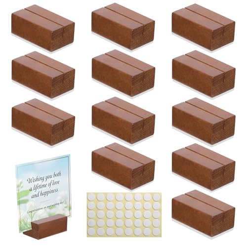 Worown 12 Pcs Mini Wooden Place Card Holders, Small Wooden Table Number Stands, Name, Price Tags Stands for Party Buffet, Wedding, Cafe Bar, Dining Room ( Brown-Includes Adhesive Stickers) - Image 1