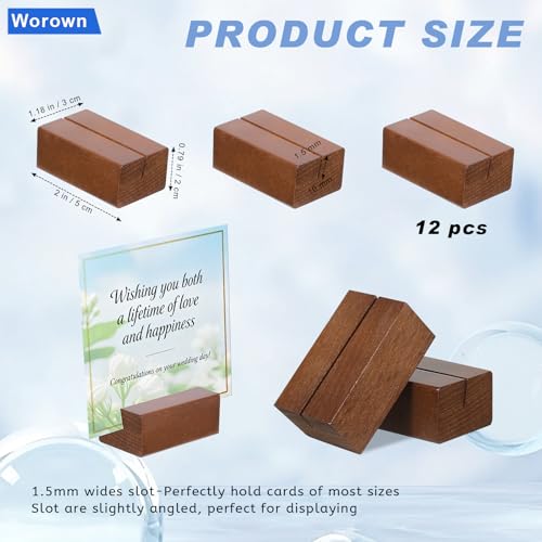 Worown 12 Pcs Mini Wooden Place Card Holders, Small Wooden Table Number Stands, Name, Price Tags Stands for Party Buffet, Wedding, Cafe Bar, Dining Room ( Brown-Includes Adhesive Stickers) - Image 2