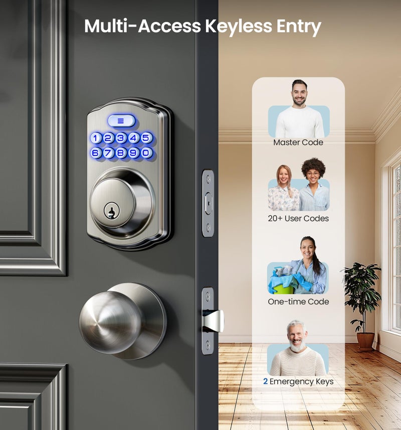 Veise Keyless Entry Door Lock with 2 Knobs, Electronic Backlit Keypad Deadbolt with Handle Set, Auto Lock, One-time Codes, Smart Deadbolt for Front Door, Easy Installation, Satin Nickel - Image 2