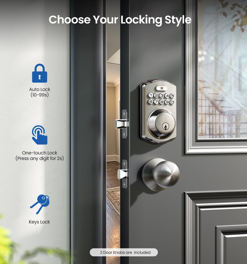 Veise Keyless Entry Door Lock with 2 Knobs, Electronic Backlit Keypad Deadbolt with Handle Set, Auto Lock, One-time Codes, Smart Deadbolt for Front Door, Easy Installation, Satin Nickel - Image 3