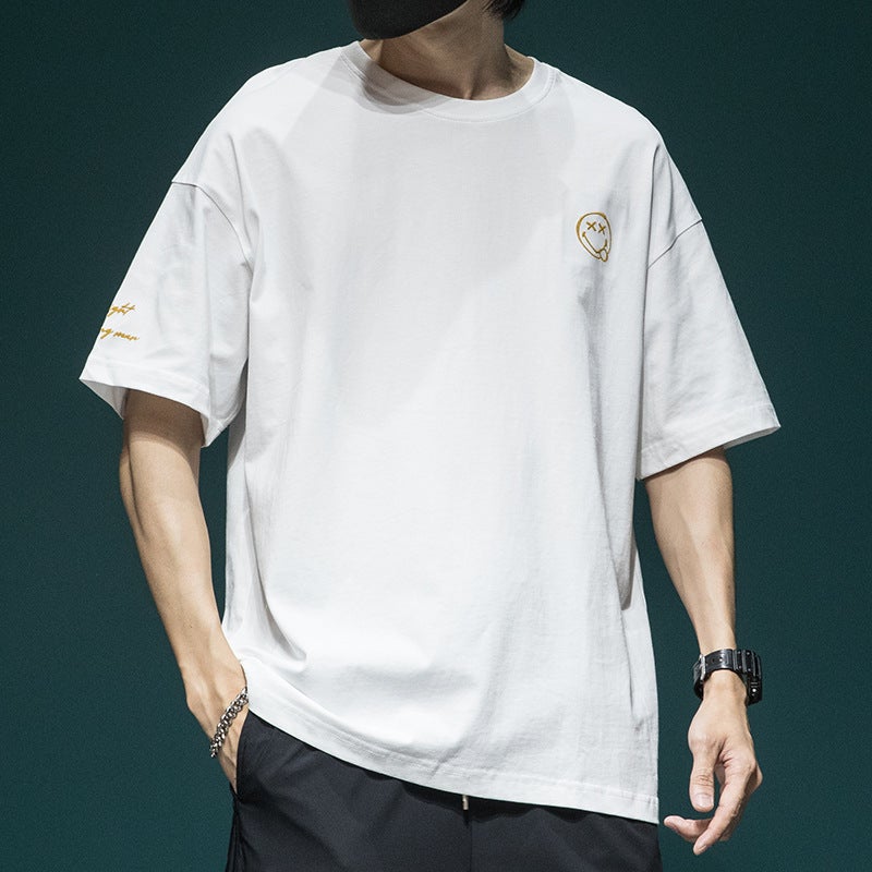 Internet Celebrity Smiley Heavy Short-Sleeved T-Shirt Men'S New Loose Plus Size Half-Sleeved Fat Plus Size Casual Cotton Top Trendy - Image 2