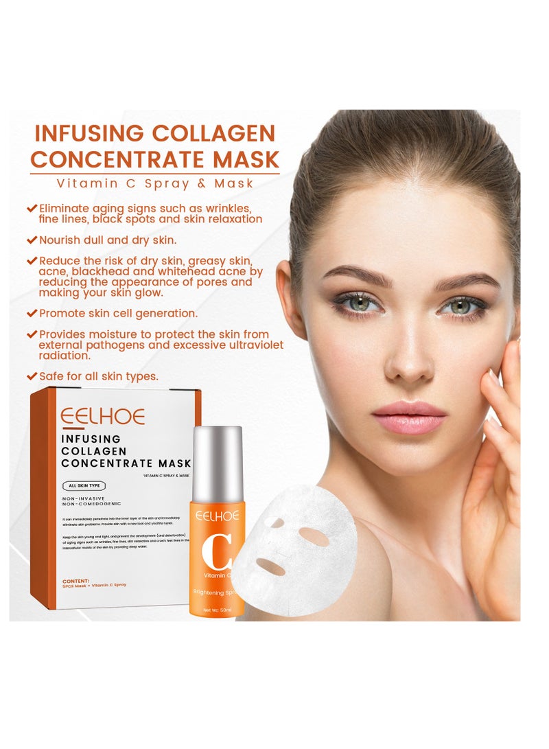 إيلهو فيتامين سي سيروم للوجه 50 مل + قناع كولاجين مركز 5 قطع ، رذاذ مرطب للوجه بحمض الهيالورونيك لتفتيح مصل تفتيح أقدام الغراب للتجاعيد وخطوط الرقبة - Image 4