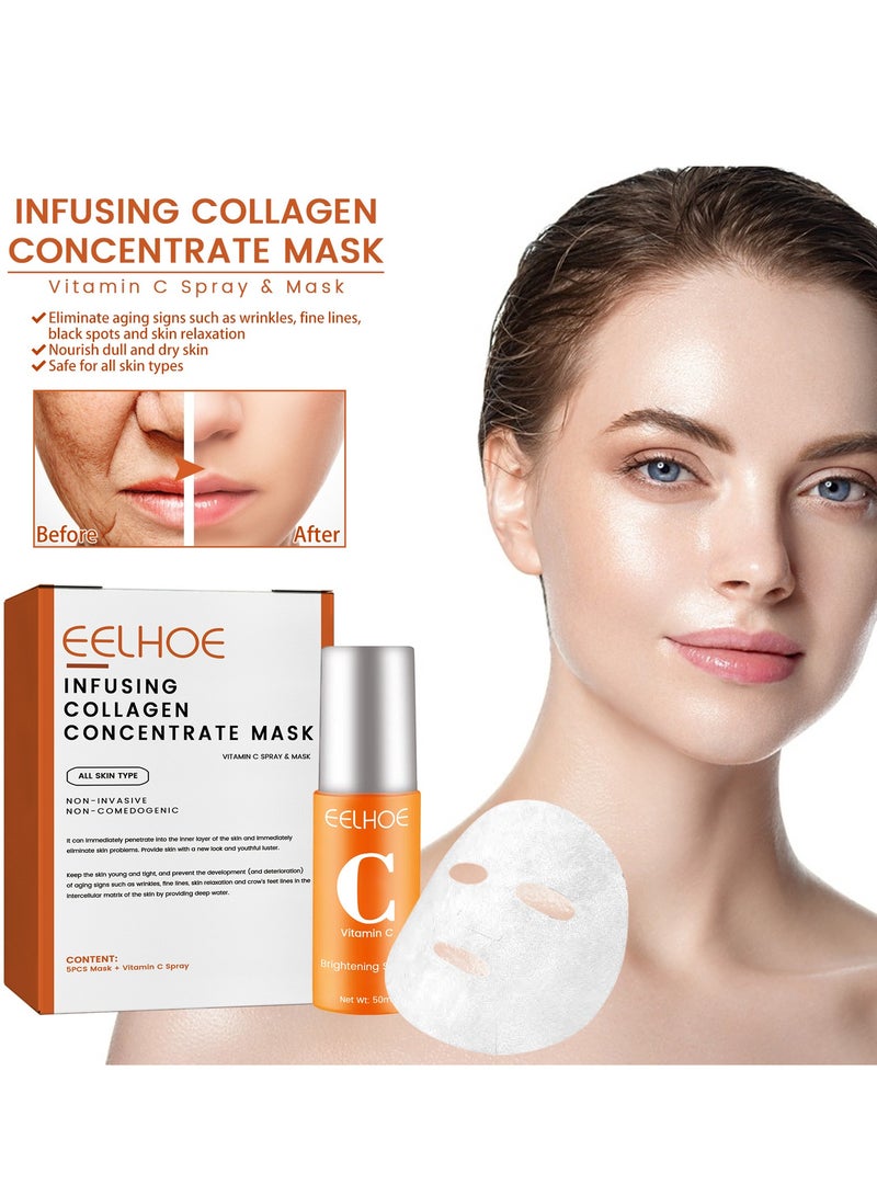 إيلهو فيتامين سي سيروم للوجه 50 مل + قناع كولاجين مركز 5 قطع ، رذاذ مرطب للوجه بحمض الهيالورونيك لتفتيح مصل تفتيح أقدام الغراب للتجاعيد وخطوط الرقبة - Image 5