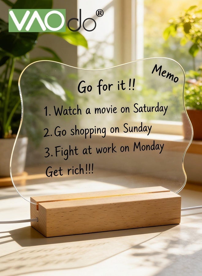 VAOdo LED Night Light with Acrylic Note Board and Wooden Base, DIY Note Memo Board with Irregular Shape, Rewrite Clear Desktop Night Light for Room Decoration Festival Gift - Image 1