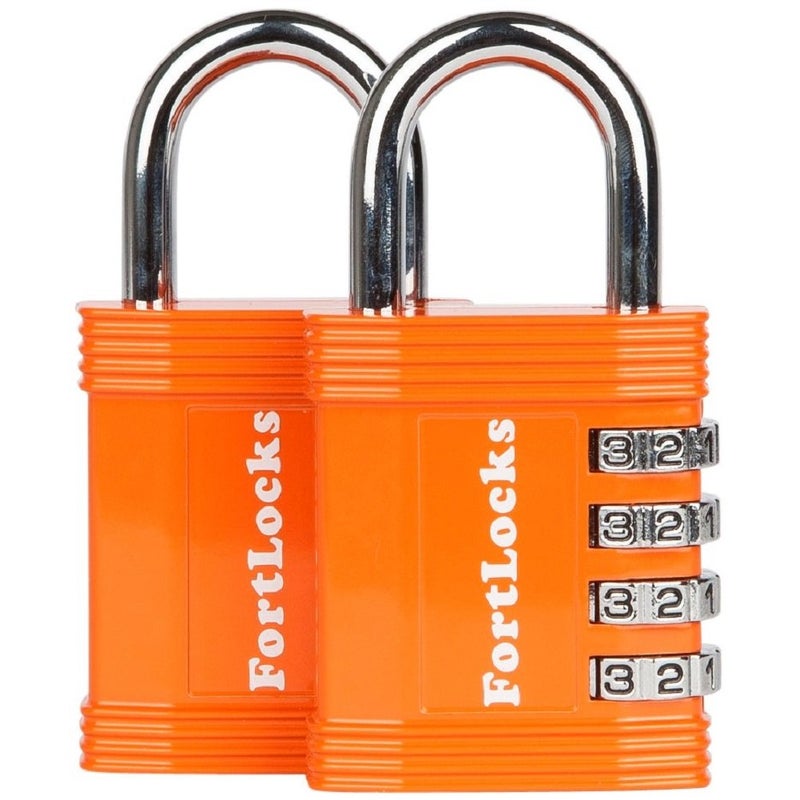 FortLocks Padlock 4 Digit Combination Lock for Gym Outdoor School Locker Fence Case Shed Heavy Duty Resettable Set Your Own Combo Waterproof Weatherproof 2 Pack Orange